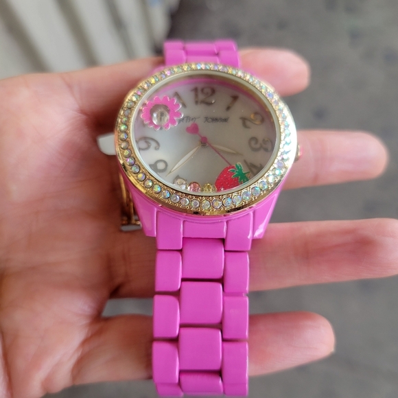 Betsey Johnson Pink and Gold Sparkle Watch With Floating Trinkets EUC - Picture 3 of 10